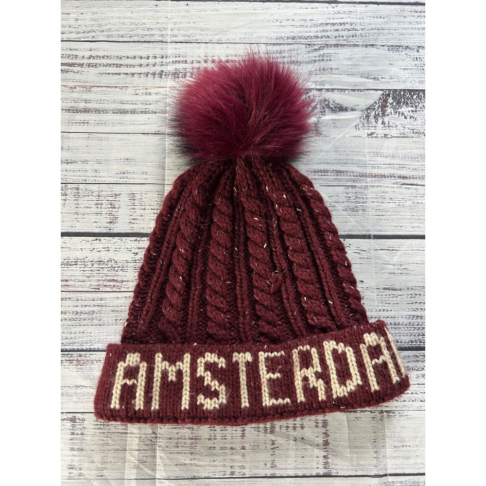 Robin Ruth Beanie Women Burgundy Amsterdam Cable Knit Pom Pom Hat